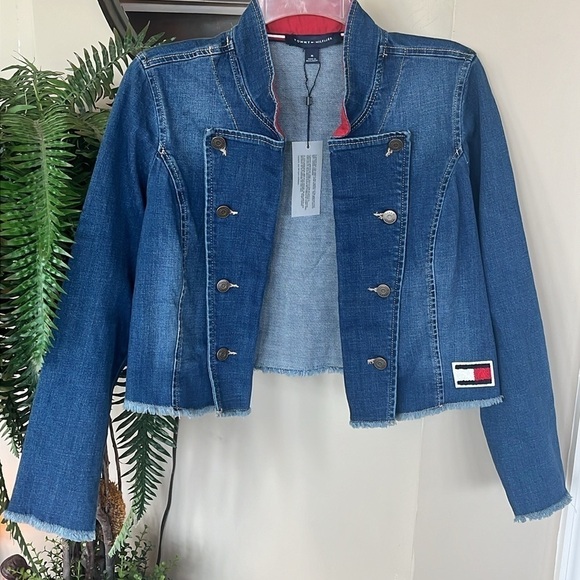 Brand New Tommy Hilfiger Blue Denim Jean Jacket Cropped Military Frayed Hem - Picture 12 of 12